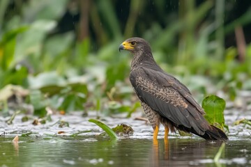 Bird stands proudly in wetland habitat surrounded by lush green foliage during rainy season