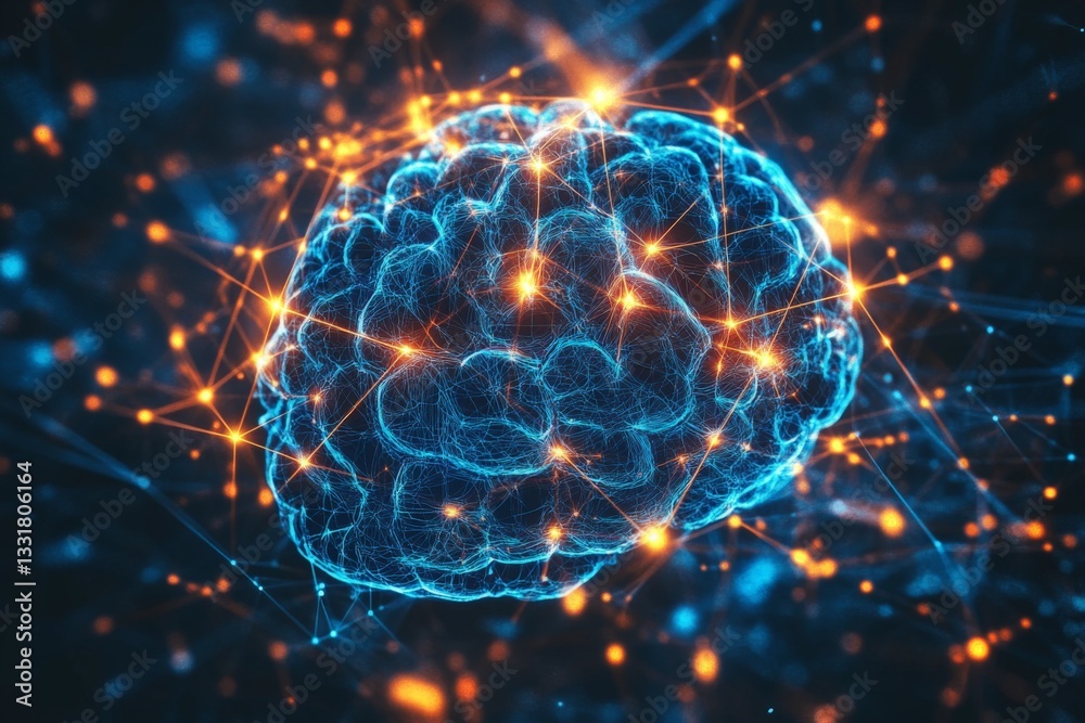 Aufkleber Bright neural connections in a 3D representation of the human brain highlighting cognitive processes and activity levels