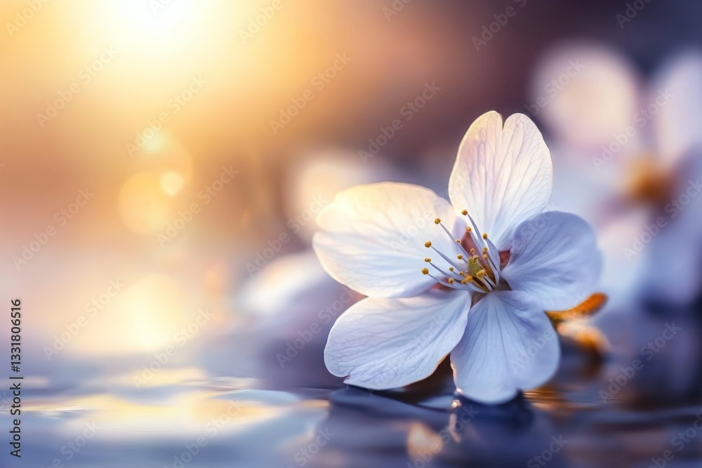 Poster beautiful white flower floating on water at sunset, creating a serene and tranquil atmosphere
