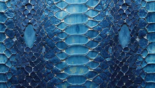 Light and dark blue snakeskin, mirrored natural texture for wallpaper and print