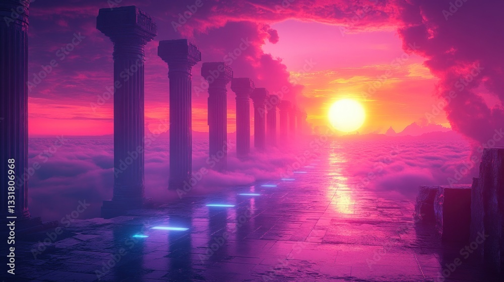 Poster futuristic cyberpunk cityscape at twilight with neon lights and ultramodern architecture