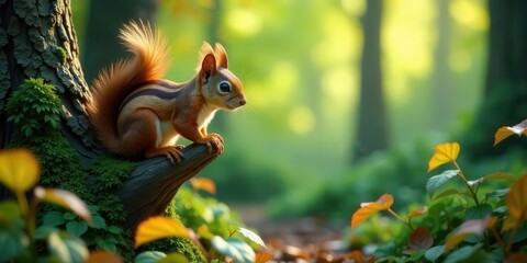 Fototapeta premium A Red Squirrel Perched on a Mossy Branch in a Sunlit Forest, Exhibiting its Striking Fur and Alert Posture