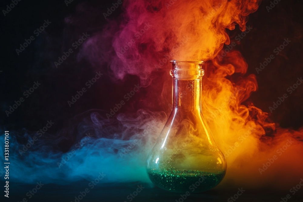 Poster Colorful smoke emanates from a glass flask in a dark laboratory setting during an experimental session
