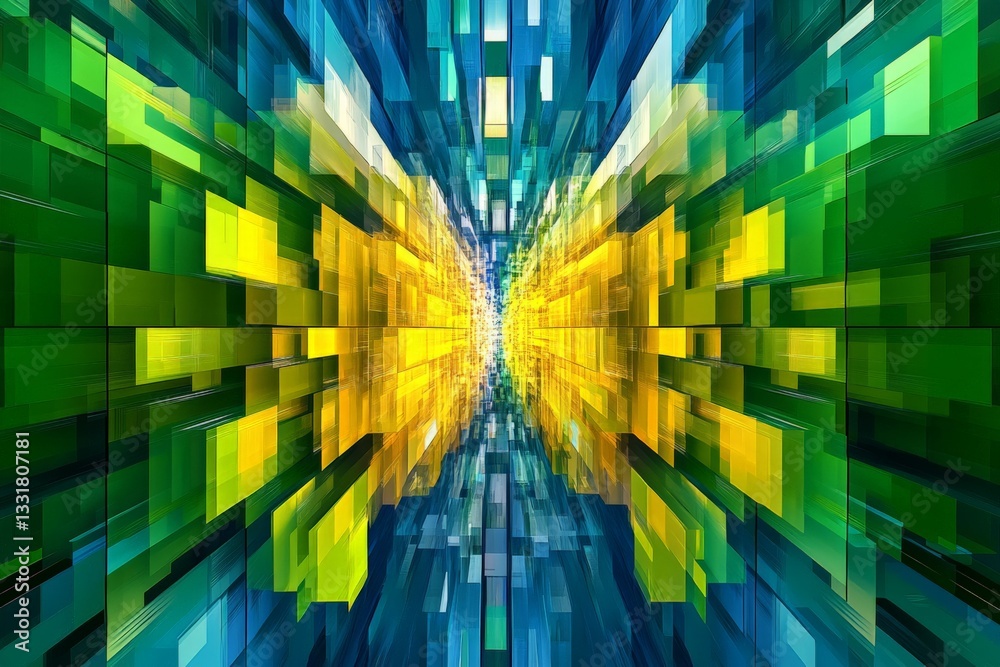 Poster Vibrant abstract design featuring a green and yellow pattern with dynamic light effects in a futuristic setting