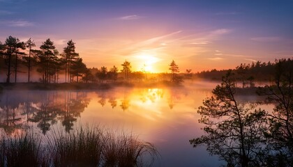 Obraz premium Stunning sunrise over a calm lake with mist and vibrant colors. 