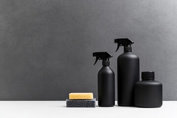 Minimalist arrangement showcases sleek black cleaning products a