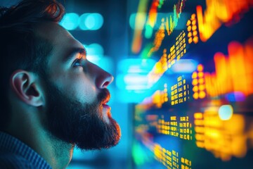 A focused man with beard analyzing stock market data on a vibrant screen, trading stocks, investments, and financial market trends, showing professional analytics and market strategy.
