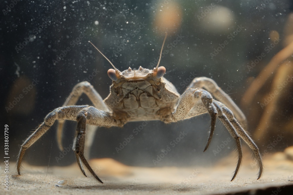 Poster close-up view of a crab in an aquarium observing its surroundings during the afternoon