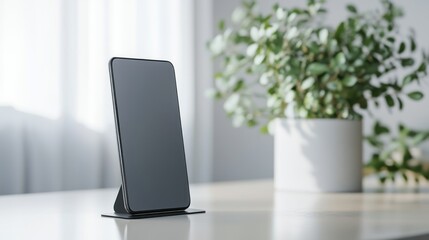 smartphone on a desk with a plant in a pot.