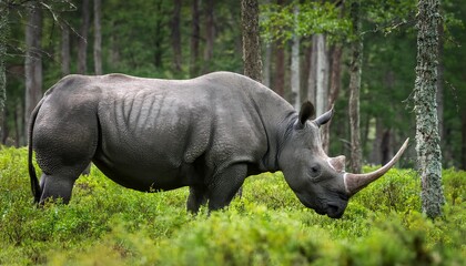 Fototapeta premium A critically endangered black rhinoceros quietly grazes in a forest glade, its thick, textured skin blending with the dappled shadows, a serene and poignant wildlife moment.