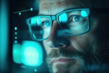 Close-up of a man wearing glasses looking at a screen with digital data, reflecting on the lenses, with a focused and intense expression.