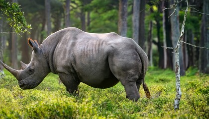 Obraz premium A critically endangered black rhinoceros quietly grazes in a forest glade, its thick, textured skin blending with the dappled shadows, a serene and poignant wildlife moment.