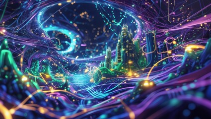 Futuristic digital energy glows within abstract fractal technology lines