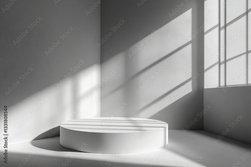 Aufkleber Natural light casts shadows in a minimalist room with a circular platform and white walls