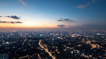 Fototapeta premium aerial view of a city at dusk with lights.