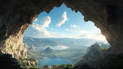 Fototapeta premium a cave entrance with a scenic view of mountains and lakes.