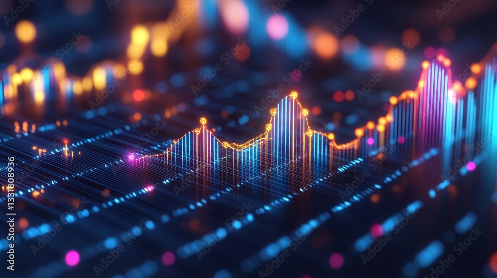 Poster abstract data visualization fluctuating line graphs, neon data points, high-tech background