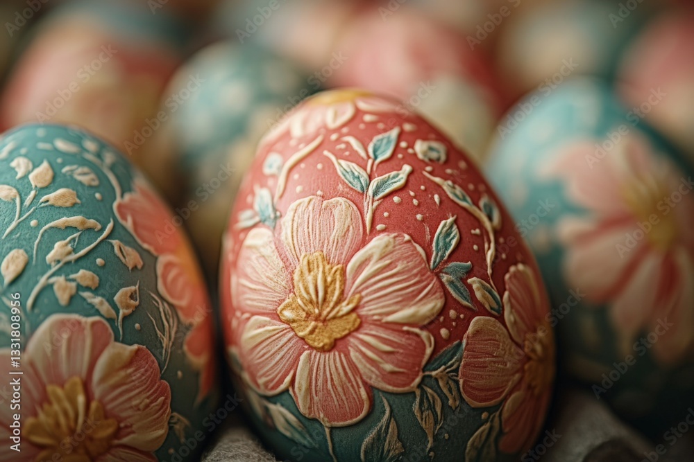 Aufkleber beautifully decorated easter eggs with floral patterns displayed in a close-up view during spring se