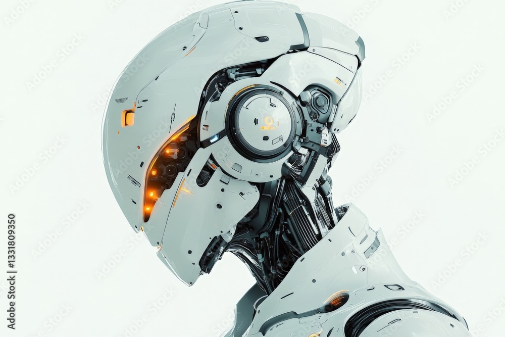 Aufkleber Futuristic humanoid robot design showcasing intricate mechanics and glowing features in minimalist setting