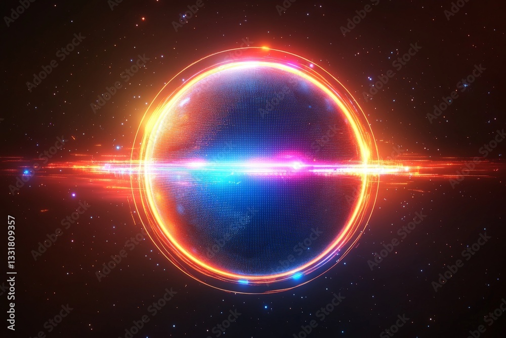 Poster colorful cosmic sphere illuminated in vibrant light within a starry galaxy environment