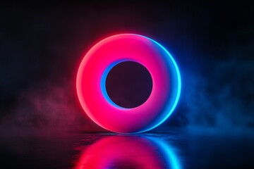 Colorful neon ring glowing in dark space with smoke effects creating a vibrant atmosphere