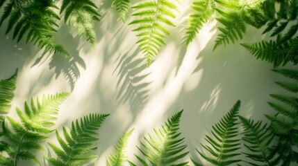 Green fern leaves and shadows create a natural aesthetic pattern