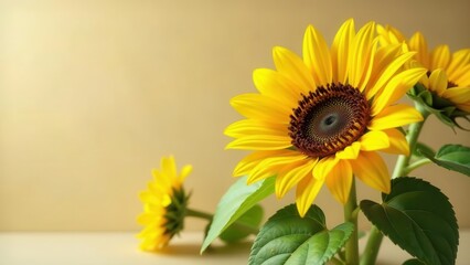 Obraz premium Vibrant Yellow Sunflowers with Lush Green Foliage, Displayed Against a Soft Beige Background, Evoking Feelings of Warmth and Summertime Joy
