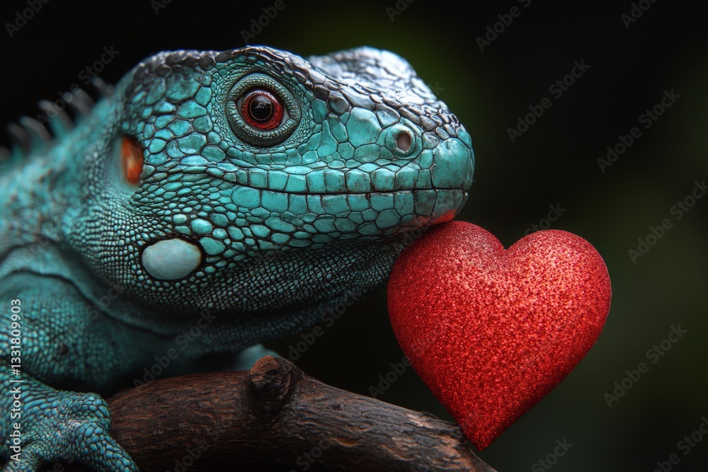 Poster Unique turquoise lizard holding a red heart on a branch against a dark backdrop in a playful display of affection