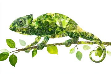 Naklejka premium Chameleon blending with leaves, showcasing vibrant green hues and geometry, illustrating harmony in nature's design