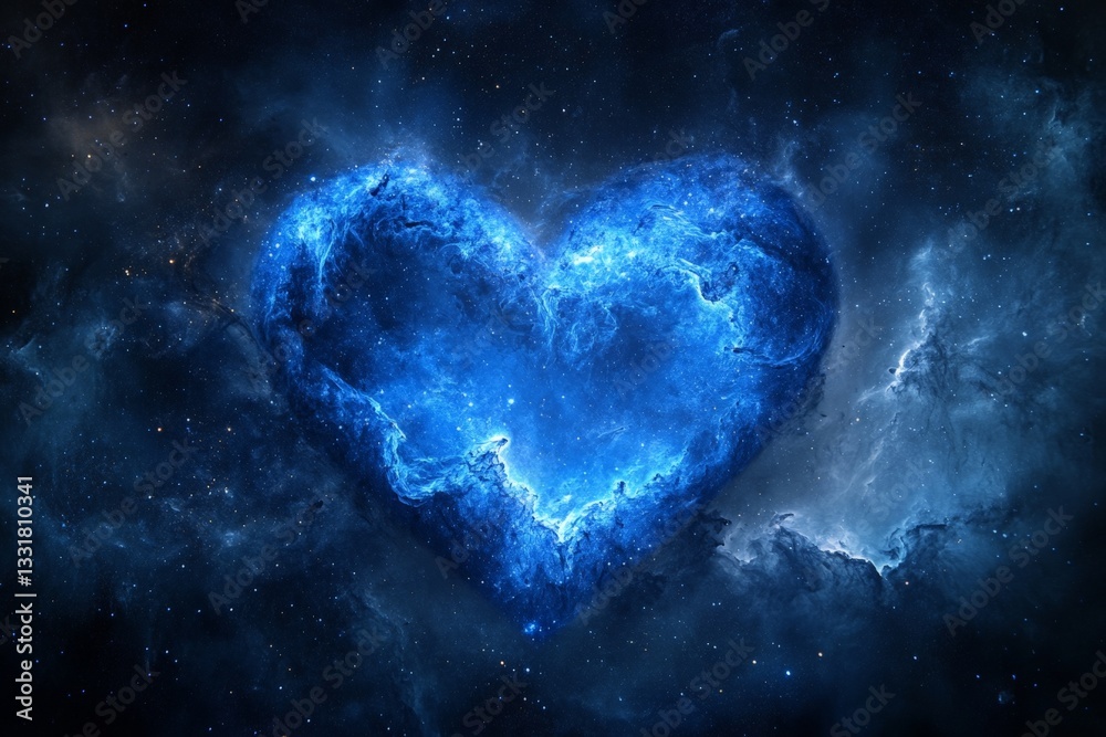Poster Heart shaped nebula in space illuminated with bright blue and white cosmic clouds during a tranquil night