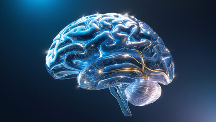 brain hologram, human brain on blue background