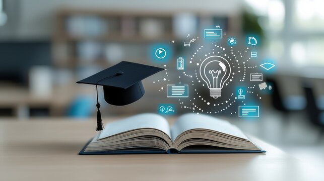 Celebrating Online Learning Achievements with a Graduation Cap on a Book Representing Knowledge and Growth in a Digital World