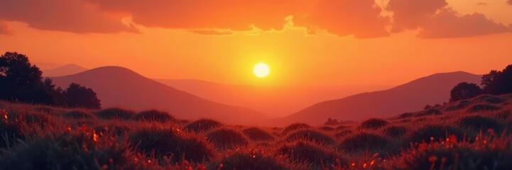 Fototapeta premium Gentle orange hues creep over a textured landscape, orange sunrise, serene