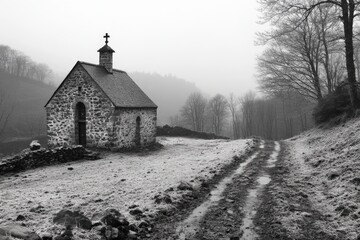 Snow-covered path leads to a historic stone chapel in a foggy forest during winter