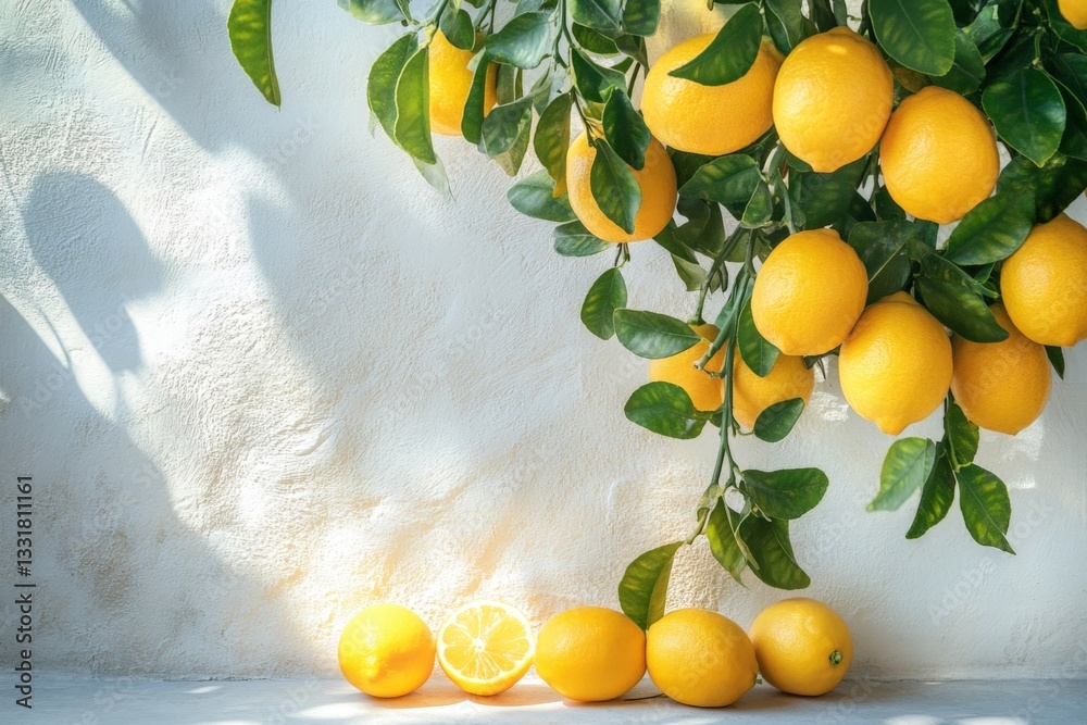 Aufkleber Bright yellow lemons hanging from a tree branch against a soft background in a sunlit setting