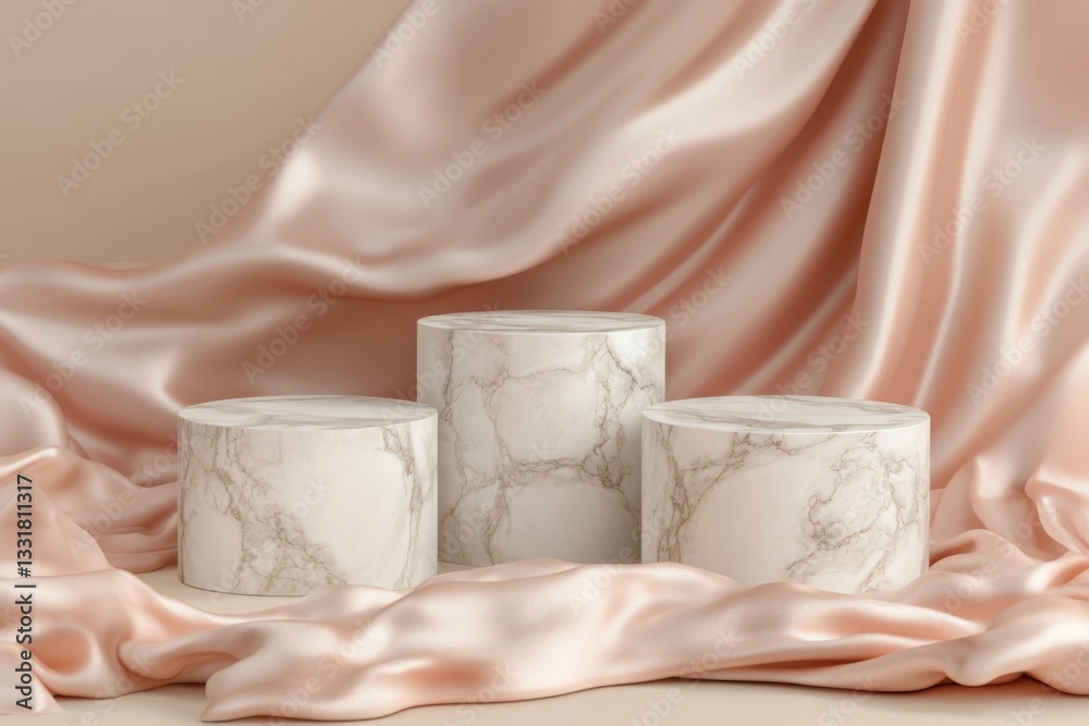 Poster elegant marble display stands on soft silk fabric in a well-lit setting for product showcase or arti