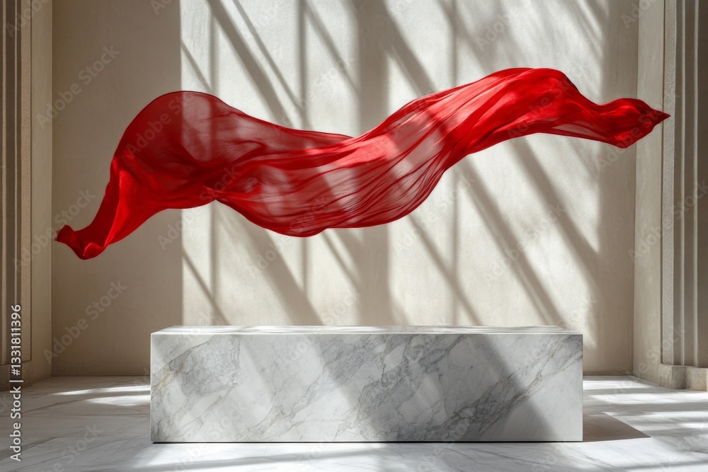 Poster Red fabric flows elegantly in a minimalist gallery space with striking light patterns
