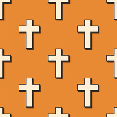 Obraz premium Minimalist isometric christian crosses vector seamless pattern. White religious symbols with shadows on orange background.