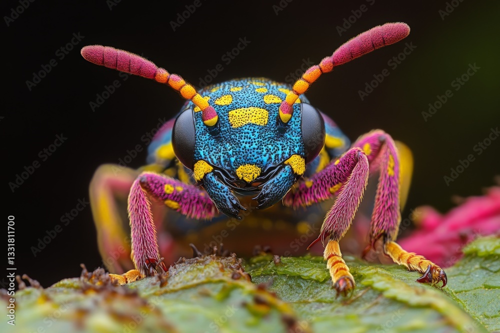 Poster Brightly colored insect displaying vivid patterns on a leaf during daylight in a lush environment