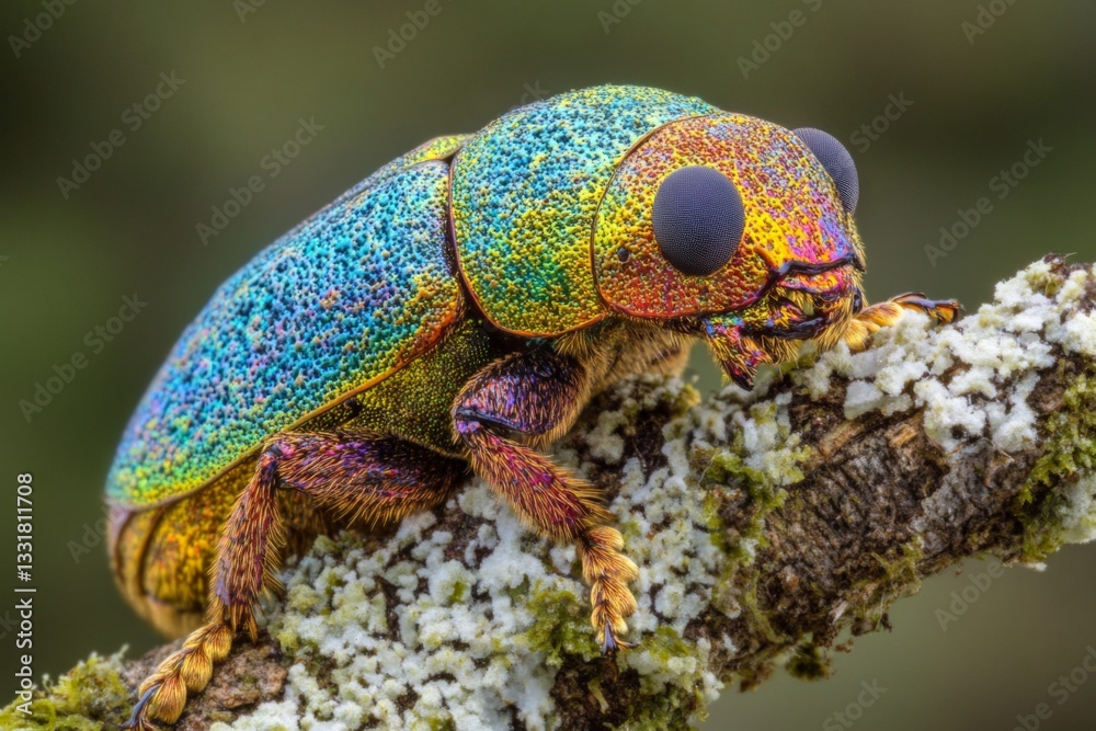 Poster colorful beetle resting on a branch covered in lichen in a lush environment during daylight