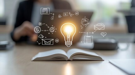 Inspiration Ignited: A Vision of Learning with an Open Book Beneath a Glowing Lightbulb and Graduation Hat Surrounded by E-Learning Icons