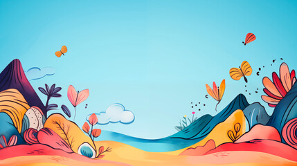 A vibrant cartoon landscape illustration featuring a blue sky, yellow sand, and orange mountains. It is ideal for a children's book background, PPT background or poster and banner.