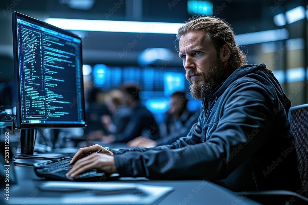 Poster intense cybersecurity expert working on a computer with code in a dark room, focused on detecting an