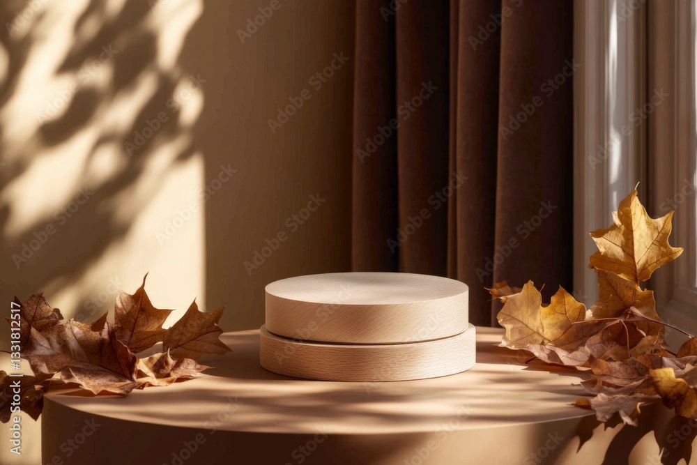 Poster Sunlight highlights a minimalistic round display with dry leaves, showcasing autumn vibes in a cozy indoor setting
