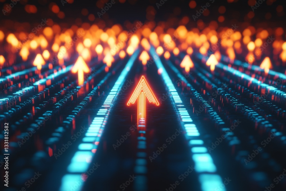 Poster Digital arrows pointing upwards in a futuristic visual display at nighttime