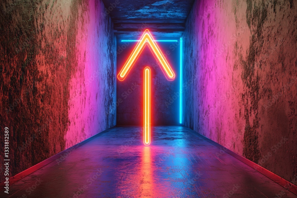 Poster Neon arrow points the way in a dimly lit corridor with vibrant colors emphasizing the walls and floor