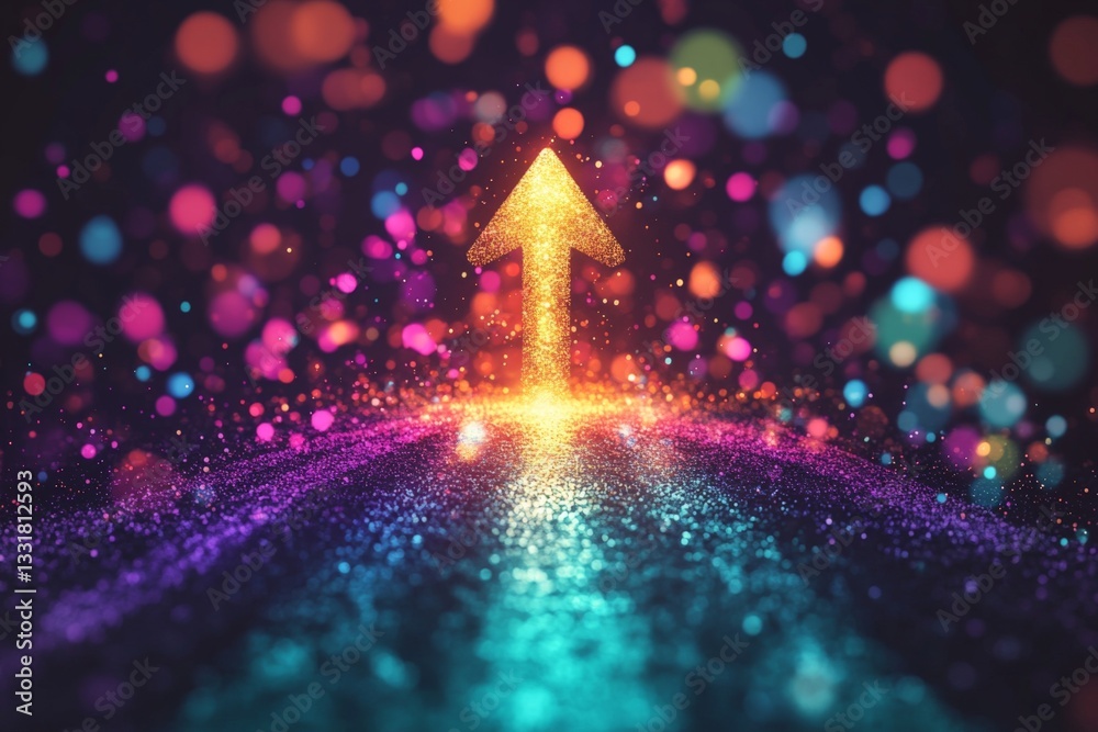 Poster Bright upward arrow with colorful bokeh lights and sparkling trail on a dark background