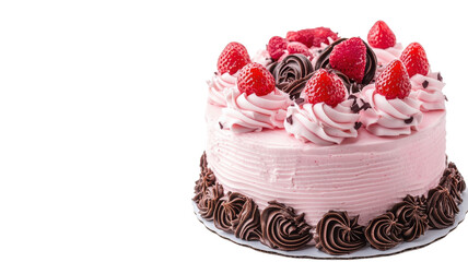 Delicious pink strawberry cake decorated with whipped cream and fresh strawberries perfect for celebrations