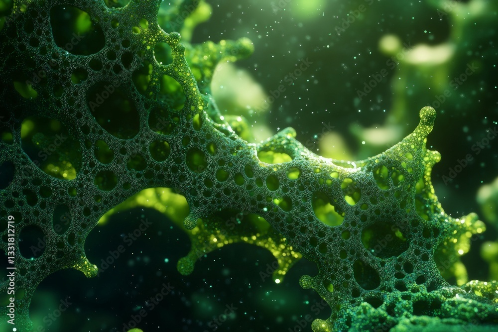 Aufkleber Exploring intricate green cellular structures under microscopic views in a vivid underwater ecosystem