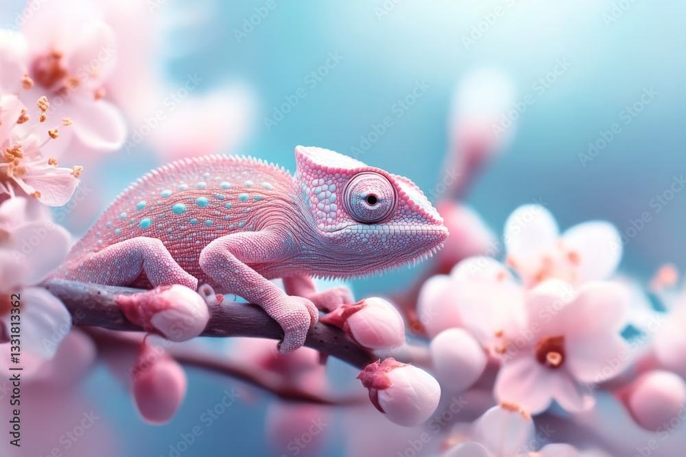 Poster chameleon perched on a branch surrounded by delicate pink blossoms in a serene natural setting